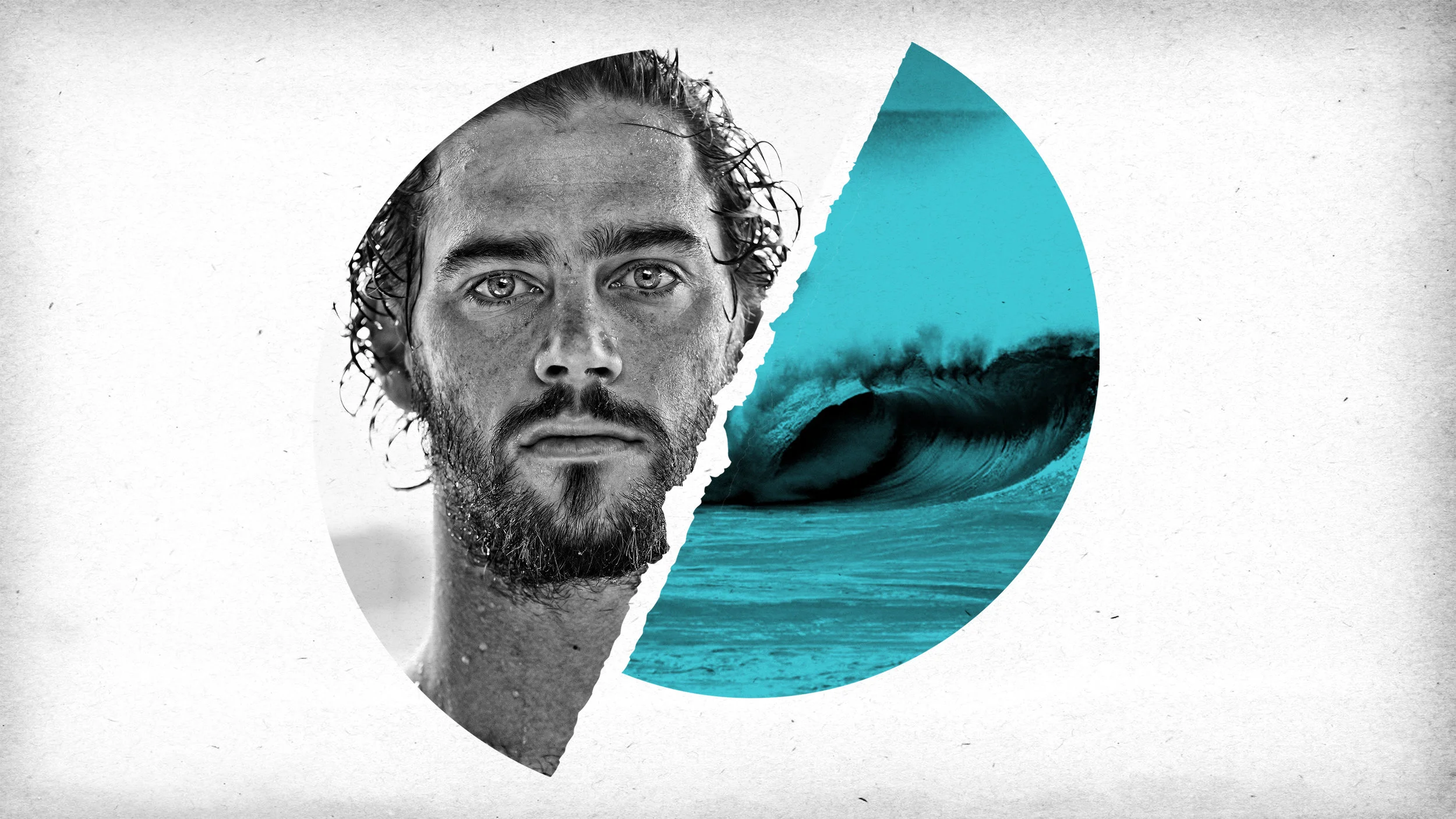 Coastalwatch campaign collage combining a monochrome portrait and a turquoise ocean wave.