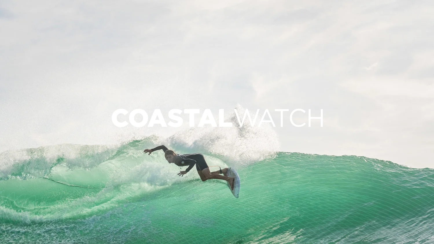 Coastalwatch campaign artwork featuring a surfer turning on a green wave.